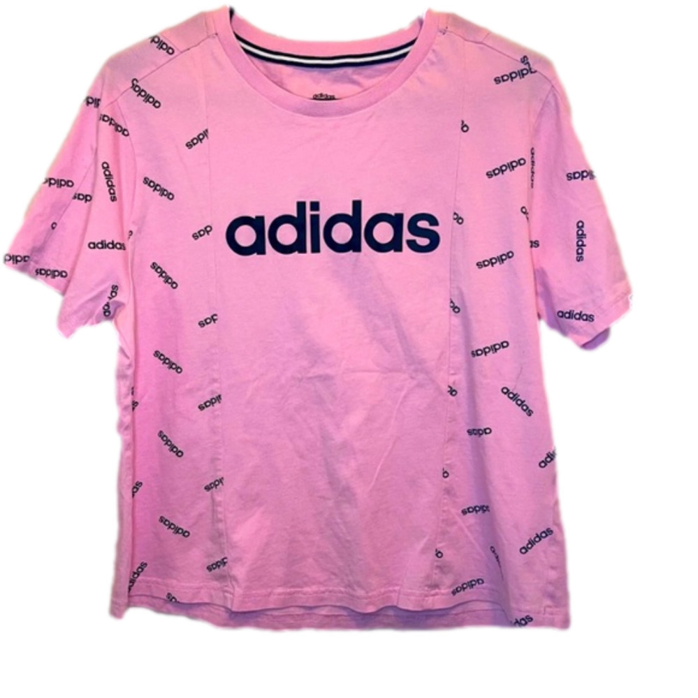 Adidas Casual Short Sleeve Graphic T Shirt Women's Size Large L Pink All Over.